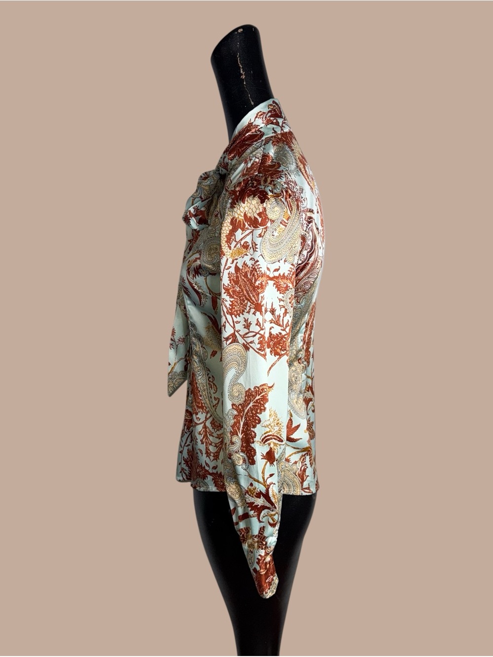 Hawes & Curtis Fitted Paisley Bow-Tie Blouse - Mint & Rust - Picture 6 of 9